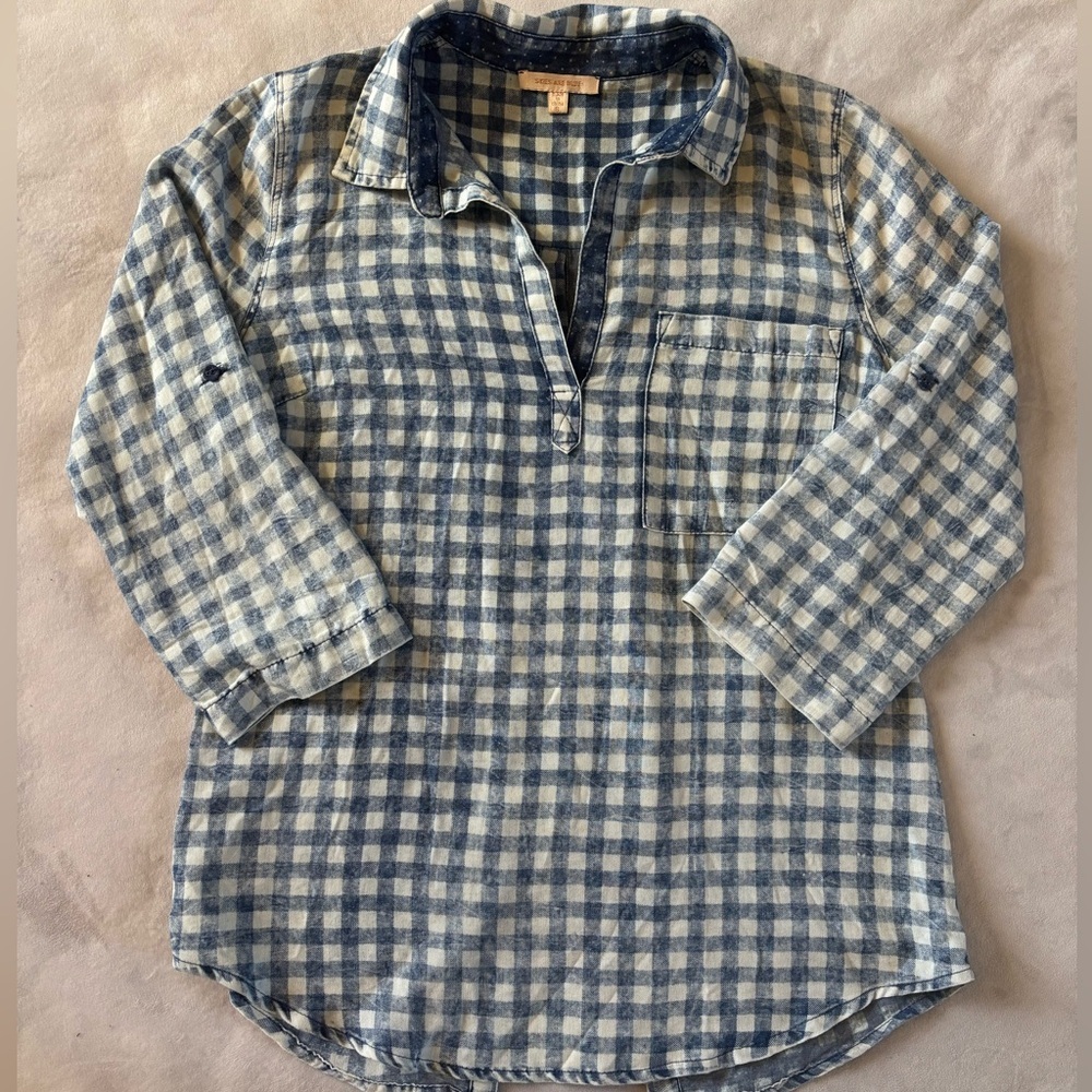 Blue & White Gingham Cotton Pullover Shirt | Back Button Detail | Casual XL - Picture 4 of 12